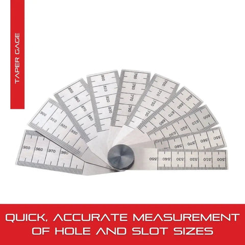 Pro Grade Tempered Steel Taper Gauge with 10 Leaves Locking Device for Die Hole Sizing.