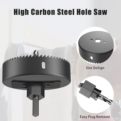 Badass 19 Piece Hole Saw Kit Packs Heavy Duty Carbon Steel Blades for precise cuts in wood, PVC, drywall, featuring a slot design.