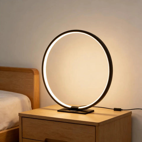 Open Circle LED Table Lamp With Dimmable Touch Control And Warm 3000K Light In Black Nightstand Lamp on a bedside table