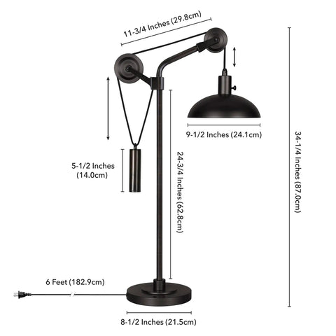 Dope 33.5 Inch Tall Industrial Table Lamp With Solid Wheel Pulley System And Blackened Bronze Metal Shade, Geometric Base