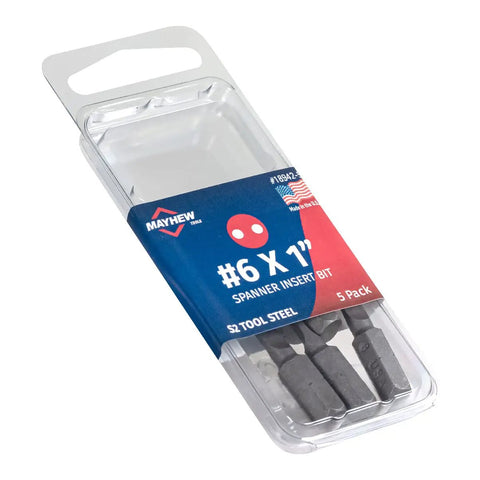Six Spanner Insert Bit One Inch Length Quarter Inch Drive Rock Hard S2 Tool Steel Five Pack Made In Usa in packaging.