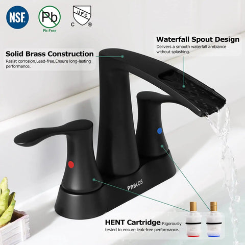 Two-Handle Waterfall Bathroom Faucet In Matte Black With Pop-Up Drain And Metal Supply Lines for quick install