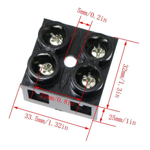 Two Pack 500V 60A Screw Terminal Block, 2 Position Dual Row Barrier Strip, top view with dimensions visible, insulated black.
