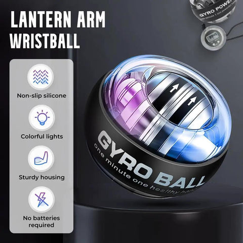 Gyro Ball Hand Exerciser With Counter And Auto Start Gyro, Wrist And Forearm Strengthener For Quick Arm Workouts, LED Lights And Colorful Display, Portable Grip Trainer For Strength, Endurance, And Real Fast Gains. Black gyro ball with counter and colorful lights, non-slip silicone