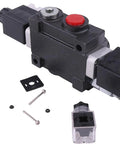 Front view of 12V DC hydraulic solenoid valve with black body, red cap, and mounting hardware.