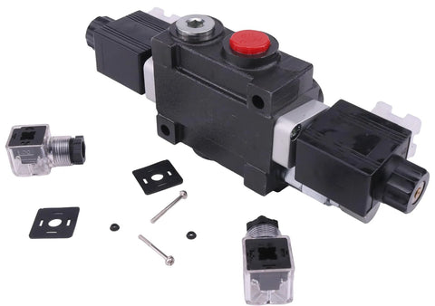 Front view of 12V DC hydraulic solenoid valve with black body, red cap, and mounting hardware.
