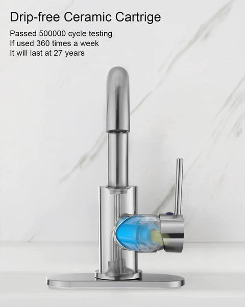 Single Handle Swivel Spout Bathroom Sink Faucet With Pop Up Drain Overflow And Flexible Supply Hose Brushed Nickel Finish Drip Free Ceramic Disc Valve Ideal For Bar Sinks And Small Kitchens, close-up of faucet mechanism