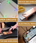 Half Inch Copper Foil Tape 33 Feet With Double Sided Conductive Adhesive For EMI Shielding For Guitar Stained Glass Making Electrical Repairs Paper Circuits Soldering Grounding And DIY Copper Tape used in paper circuits, device repairs, and guitar EMI shielding.