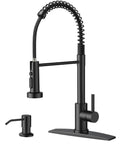 Slick Black Kitchen Faucet With Built In Soap Dispenser Serves Up A Smooth Pull Down Sprayer In Three Easy Modes.