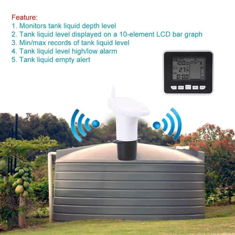 Ultrasonic Water Level Sensor Transmitter With LCD Temperature Display installed on a large outdoor tank