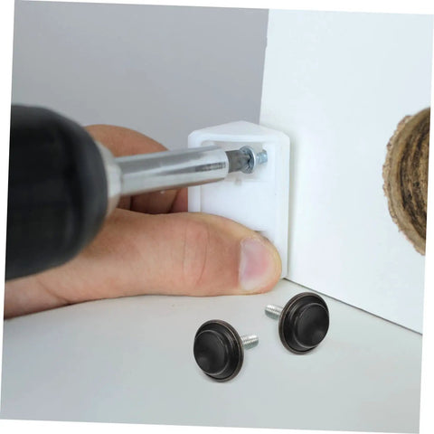 Installing Heavy Duty Furniture Levelers 20 Pack Adjustable Screw Feet on furniture with a screwdriver and black bases.