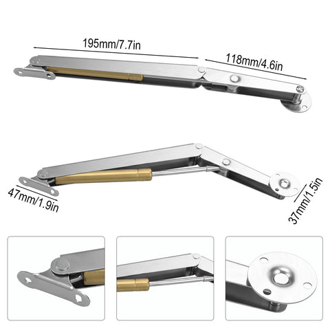 Heavy Duty Soft Close Lid Support Hinges Two Pack 200N Gas Struts For Toy Boxes And Tool Chests Built Different With Smooth Gliding Mechanics, showing dimensions and materials.