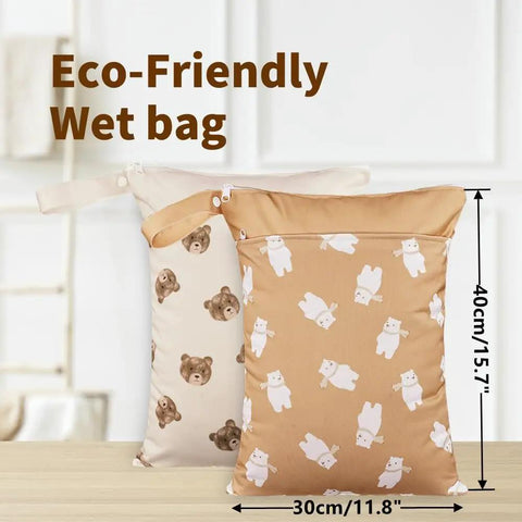 Two Pocket Wet Dry Bag Set With Handle Waterproof Reusable Storage for breast pump parts with bear design, 2 pack on table.