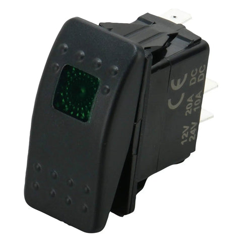 12V 20A Waterproof LED Rocker Switch for Boats Marine Grade SPST 3 Pin On Off with Green LED Indicator Weatherproof Rubberized Panel Mount Built To Last Heavy Duty Construction Ideal For Marine Electronics, featuring green LED and rubberized finish.
