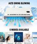 12V Truck Air Conditioner 8000 BTU Parking Split Mini AC Unit with auto swing blowing, showing 5 modes available