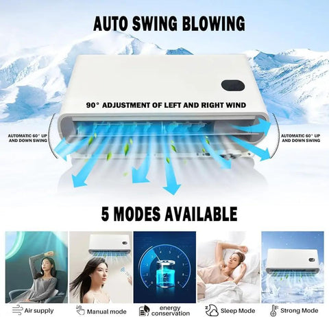 12V Truck Air Conditioner 8000 BTU Parking Split Mini AC Unit with auto swing blowing, showing 5 modes available