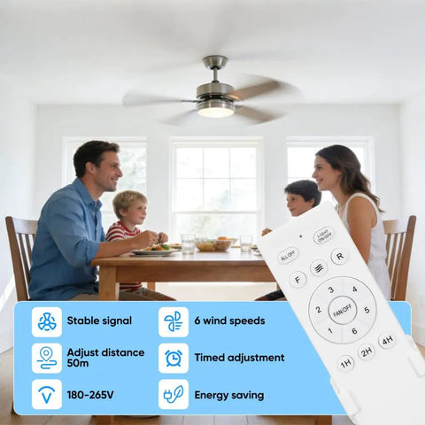 Ceiling Fan Speed Controller With Wireless Remote For Lights And Fans, Low Voltage Safe Design, Variable Frequency Control, Easy Setup, Works With Most Fans, Multiple Speed Levels From Gentle Breeze To Strong Turbo, white remote in family room