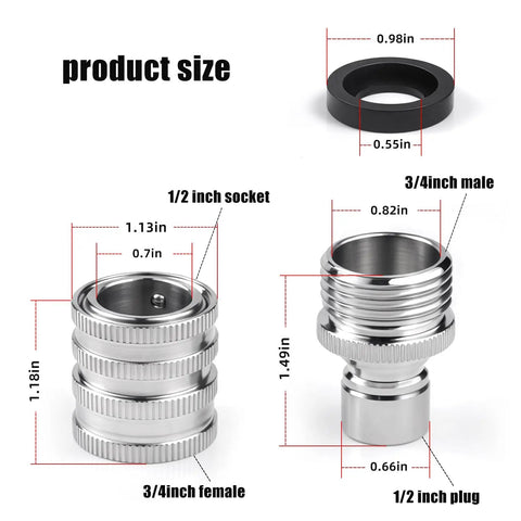 Diagram showing sizes of Heavy Duty Stainless Steel Garden Hose Quick Connect Fittings Three Quarter Inch GHT 2 Pack No Tools Required