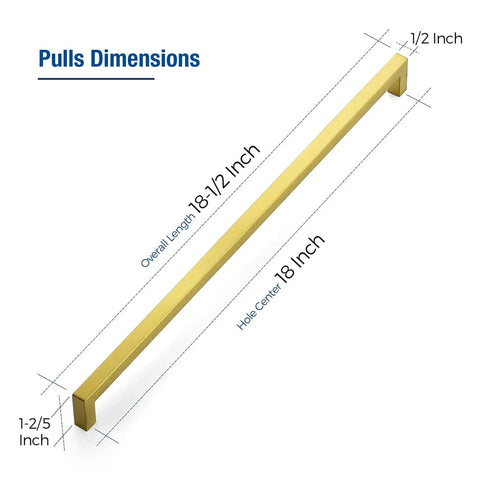 Six Pack Heavy Duty Gold Cabinet Handles Meeting Eighteen Inch Center Distance with dimensions 18-1/2 inch length.