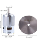 DC 12V Table Saw Motor Kit With Mounting Bracket And Saw Blade For Woodworking DIY Projects, motor and blade dimensions shown