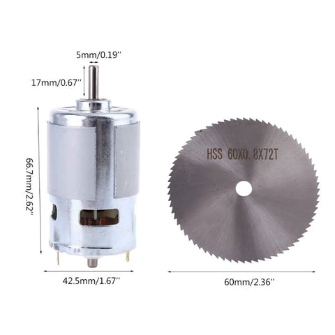 DC 12V Table Saw Motor Kit With Mounting Bracket And Saw Blade For Woodworking DIY Projects, motor and blade dimensions shown
