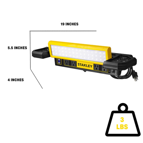 Adjustable 45 COB LED Workbench Light With 1000 Lumens showing dimensions, built-in AC outlets, and tool storage