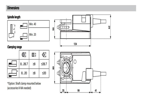 Dimensions diagram of Workhorse Grade 10Nm NMS24SR Damper Actuator With 24 Volt AC DC Power IP54 Seal showcasing spindle length and clamping range.