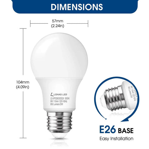 A19 LED Bulb 9W Equivalent 60W Daylight 5000K 850 Lumen E26 Base 120V Dimmable Energy Saving Light Bulb dimensions