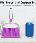 Mini Dust Pan And Brush Set With Teeth For Tight Spaces Flat Broom, purple, size comparison with soda can.