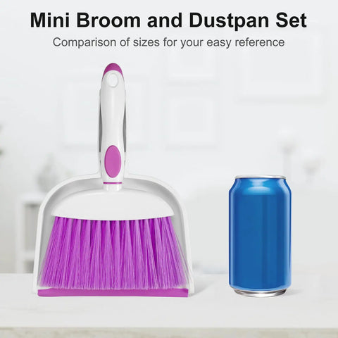 Mini Dust Pan And Brush Set With Teeth For Tight Spaces Flat Broom, purple, size comparison with soda can.