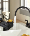 Elmhurst Two-Handle Kitchen Faucet With Twist Aerator, Deck Mount, Oil Rubbed Bronze, High Arc Gooseneck Spout near window