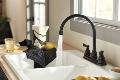 Elmhurst Two-Handle Kitchen Faucet With Twist Aerator, Deck Mount, Oil Rubbed Bronze, High Arc Gooseneck Spout near window