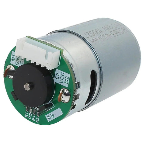 RS-555 Permanent Magnet DC Hall Encoder Gear Motor 6V 12V 24V with circuit board and shaft for robotics projects.