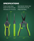 Two Pack 6.5 Inch Pruning Shears For Gardening Ultra Sharp Garden Scissors With Spring Loaded Mechanism Stainless Steel Bonsai Clippers Straight And Curved Blades For Precise Cuts shown with specifications
