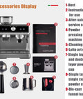 Top Tier Automatic Espresso Machine With Built In Conical Burr Grinder And Adjustable Coarseness For Home Baristas Cranking Out Rich Lattes Morning Fuel accessory display with user manual and tools.