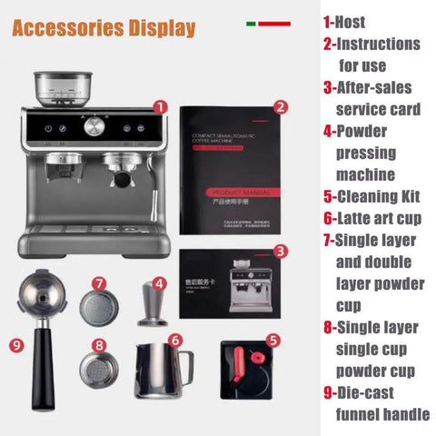 Top Tier Automatic Espresso Machine With Built In Conical Burr Grinder And Adjustable Coarseness For Home Baristas Cranking Out Rich Lattes Morning Fuel accessory display with user manual and tools.