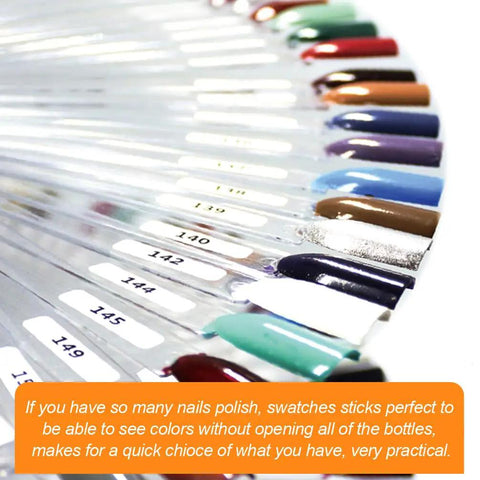 50 Piece Nail Swatch Sticks With Ring and Numbered Tips, Clear Fan Display for Nail Art Practice showing various colors