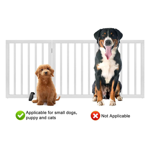 Freestanding Wooden Dog Gate With 3 Panels, 24 Inch Tall, Foldable White Pet Gate For Doorways And Stairs next to small and large dog