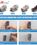 DT Waterproof 2 Pin Connector Kit shown with mounting clip installation steps and Deutsch connector types.