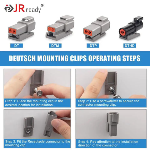 DT Waterproof 2 Pin Connector Kit shown with mounting clip installation steps and Deutsch connector types.