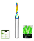 Front view of SHARPRO O rainbow-coated carbide router bit, 1/4" shank, 1/8" cutting dia; with sticker sheet and green pouch