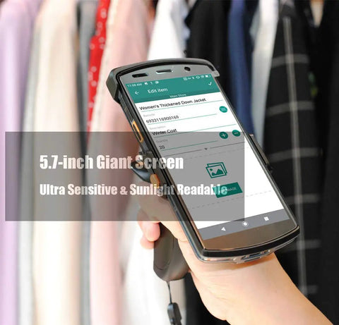 Rugged Android 9.0 Handheld Computer with 5.7 Inch Touch Screen displaying inventory data in a clothing store setting.