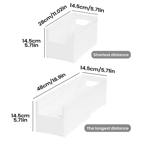 Adjustable Sliding Drawer Organizer With Telescopic Length For Kitchen And Office Seamless Expandable Closet Storage To Lock Down The Clutter And Keep Your Setup Fire dimensions showing telescopic lengths for versatile storage.