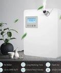 Smart Cold Air Scent Diffuser For Home With Dry Mist Technology To Vaporize Essential Oils Fast Without Water Or Heat And Straight Up Smooth 300 Ml Capacity White Aromatherapy Fragrance Machine displaying control panel and mist output with plants.