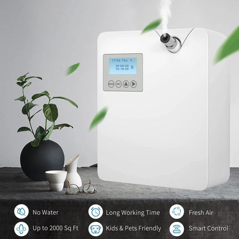 Smart Cold Air Scent Diffuser For Home With Dry Mist Technology To Vaporize Essential Oils Fast Without Water Or Heat And Straight Up Smooth 300 Ml Capacity White Aromatherapy Fragrance Machine displaying control panel and mist output with plants.