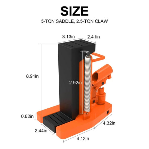 Beefy Heavy Duty Toe Jack 5 Ton And 2.5 Ton Hydraulic Floor Jack showing compact design with dimensions for portable use.