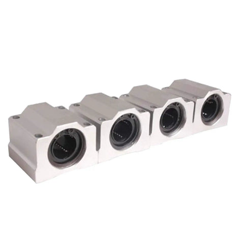 Four Pack SCS20UU Linear Bearing Slides 20mm Aluminum Motion Bearings For CNC Machines 3D Printers Precision Tools And DIY Projects Smooth Low Friction Rails For Rock Solid Precision, four bearings shown