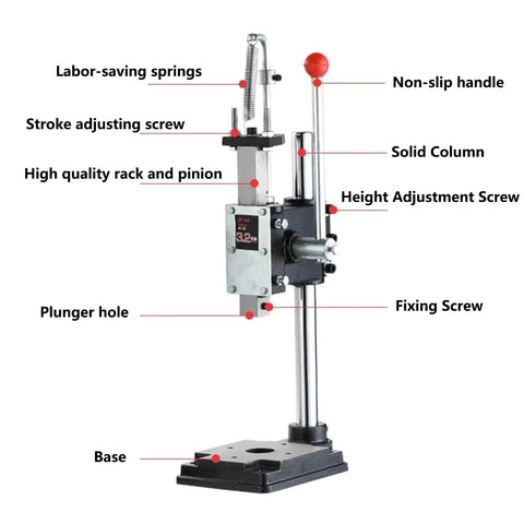 Rock Solid 640kg Manual Arbor Press With Adjustable Height And Ductile Cast Iron Base, showing height adjustment screw and solid column.