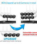 Diagram showing expandable 8-channel setup for Plug And Play 16 Channel Network Video Recorder For Hiseeu Wireless Security Camera System 3MP 1080P And 960P Recording No Hard Drive Included Up To 6TB Internal Drive Works With Hiseeu 3MP And 5MP Cameras.