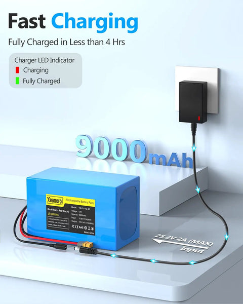 Power-Packed 12.8V LiFePO4 Battery Pack With Built-In 15A BMS 9Ah Capacity 14.6V 2A Fast Charger XT60 Connector charging